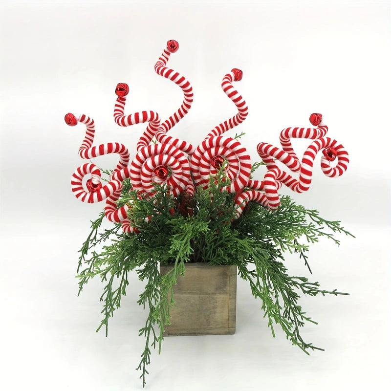 Set of 6 Candy Cane Swirl Christmas Tree Branches (20-inch) - Flexible Red & White Yarn Decor with Bells