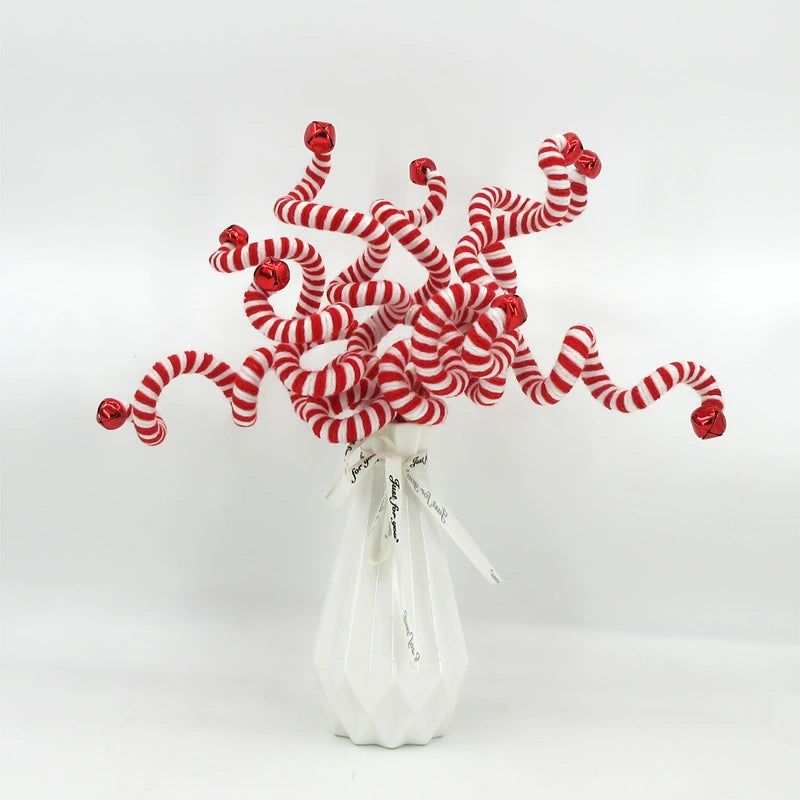Set of 6 Candy Cane Swirl Christmas Tree Branches (20-inch) - Flexible Red & White Yarn Decor with Bells