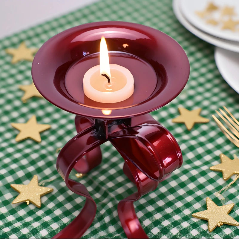 Elegant Metallic Ribbon Bow Candle Holder - Burgundy Table Centerpiece for Christmas, Thanksgiving & Year-Round Holidays