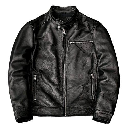 Men's Premium Black Cowhide Leather Cafe Racer Motorcycle Jacket