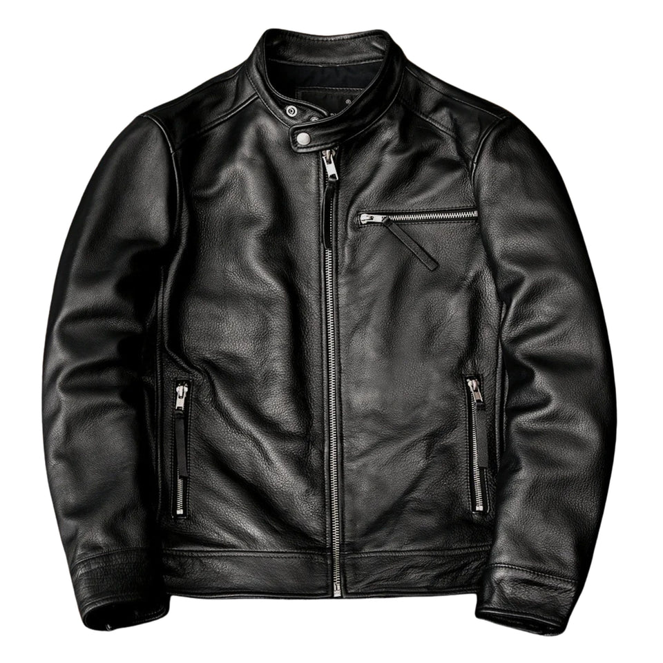 Men's Premium Black Cowhide Leather Cafe Racer Motorcycle Jacket