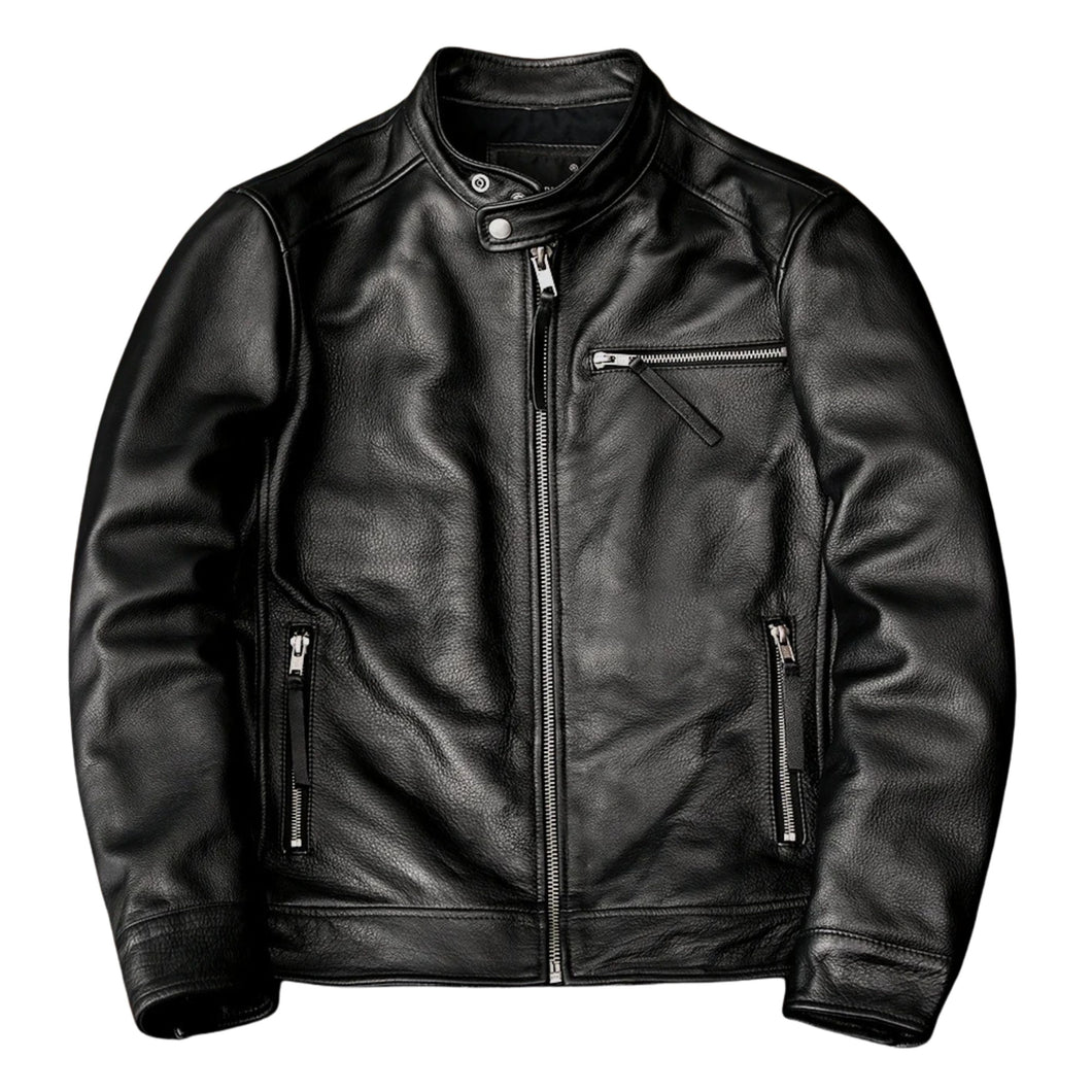 Men's Premium Black Cowhide Leather Cafe Racer Motorcycle Jacket