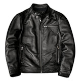 Men's Premium Black Cowhide Leather Cafe Racer Motorcycle Jacket