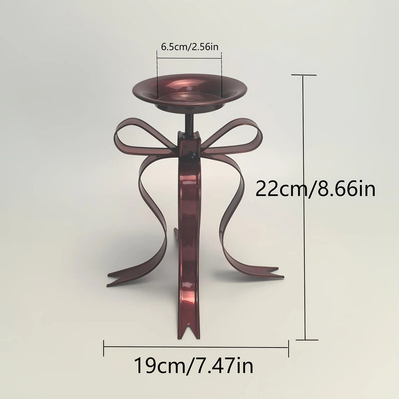 Elegant Metallic Ribbon Bow Candle Holder - Burgundy Table Centerpiece for Christmas, Thanksgiving & Year-Round Holidays