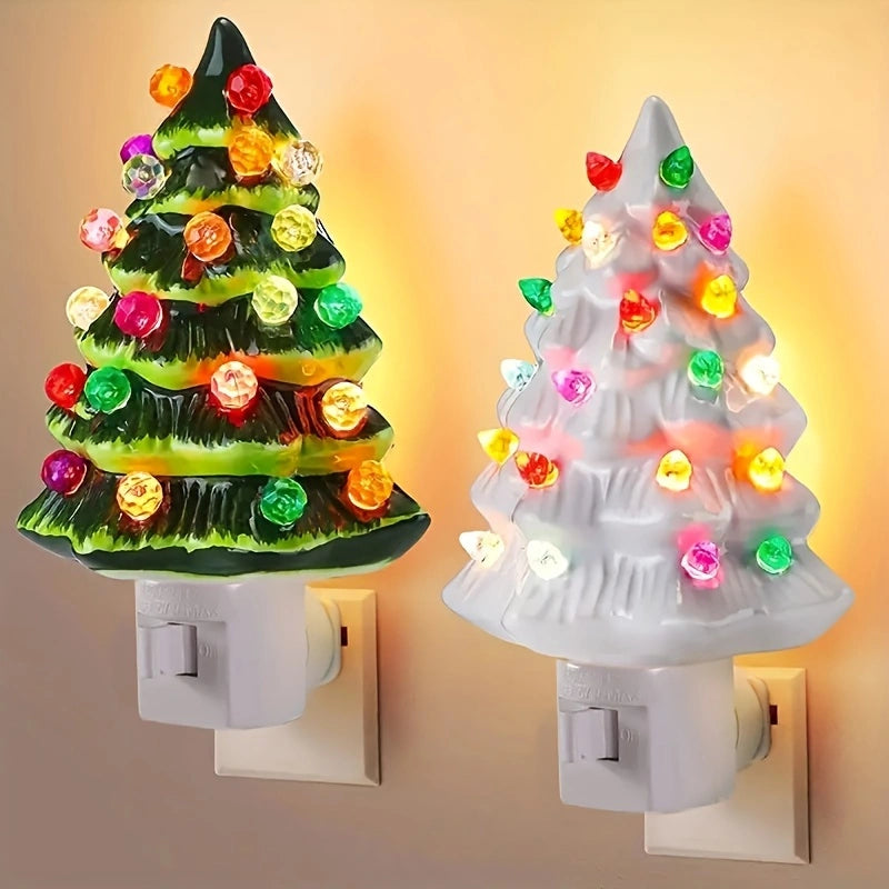 Set of 2 Ceramic Christmas Tree Night Lights - Nostalgic Flashing LED Wall Plug Decor (Green & White)