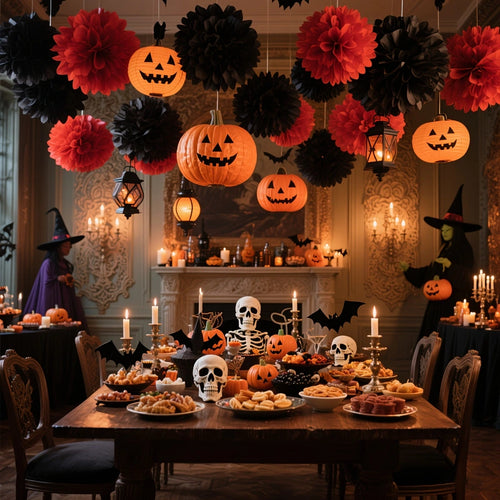 14-Piece Halloween Hanging Decor Set - Paper Pom Poms & Jack-O'-Lantern Lanterns (Red, Black, Orange)