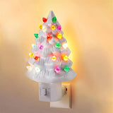Set of 2 Ceramic Christmas Tree Night Lights - Nostalgic Flashing LED Wall Plug Decor (Green & White)