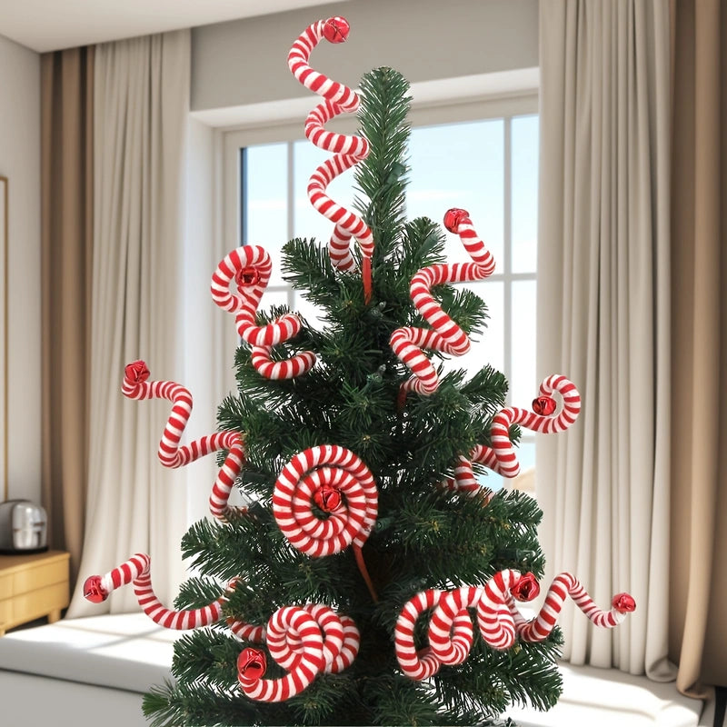 Set of 6 Candy Cane Swirl Christmas Tree Branches (20-inch) - Flexible Red & White Yarn Decor with Bells