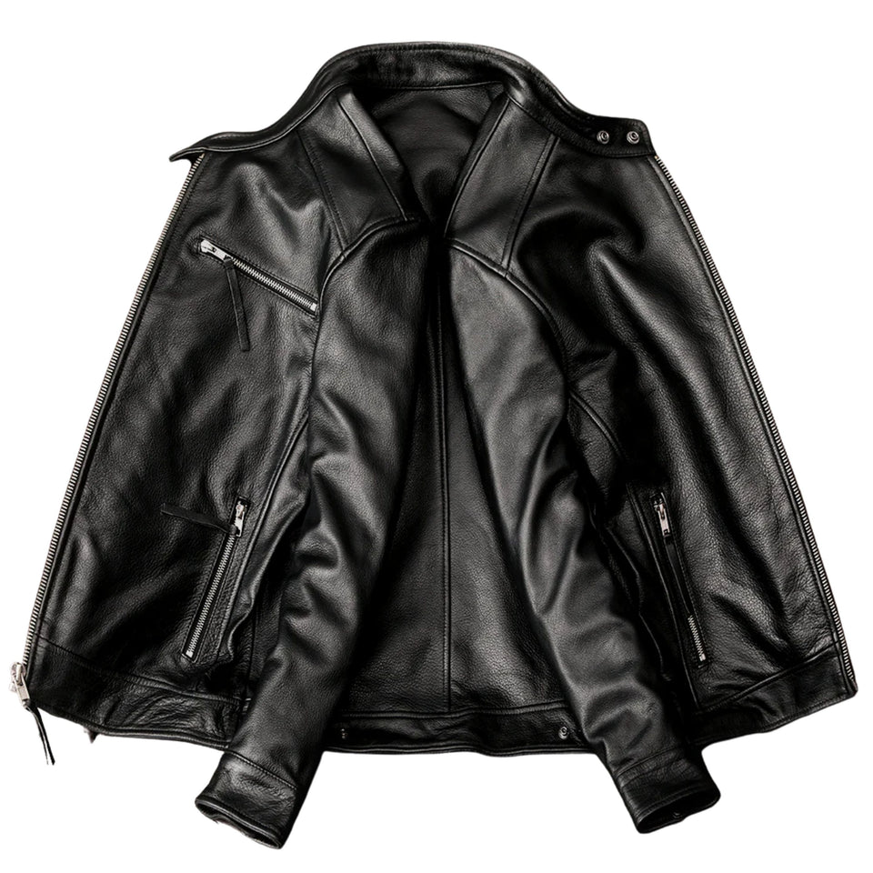 Men's Premium Black Cowhide Leather Cafe Racer Motorcycle Jacket