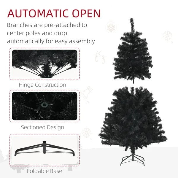 5ft Artificial Christmas Trees With Auto Open And Steel Base, Black