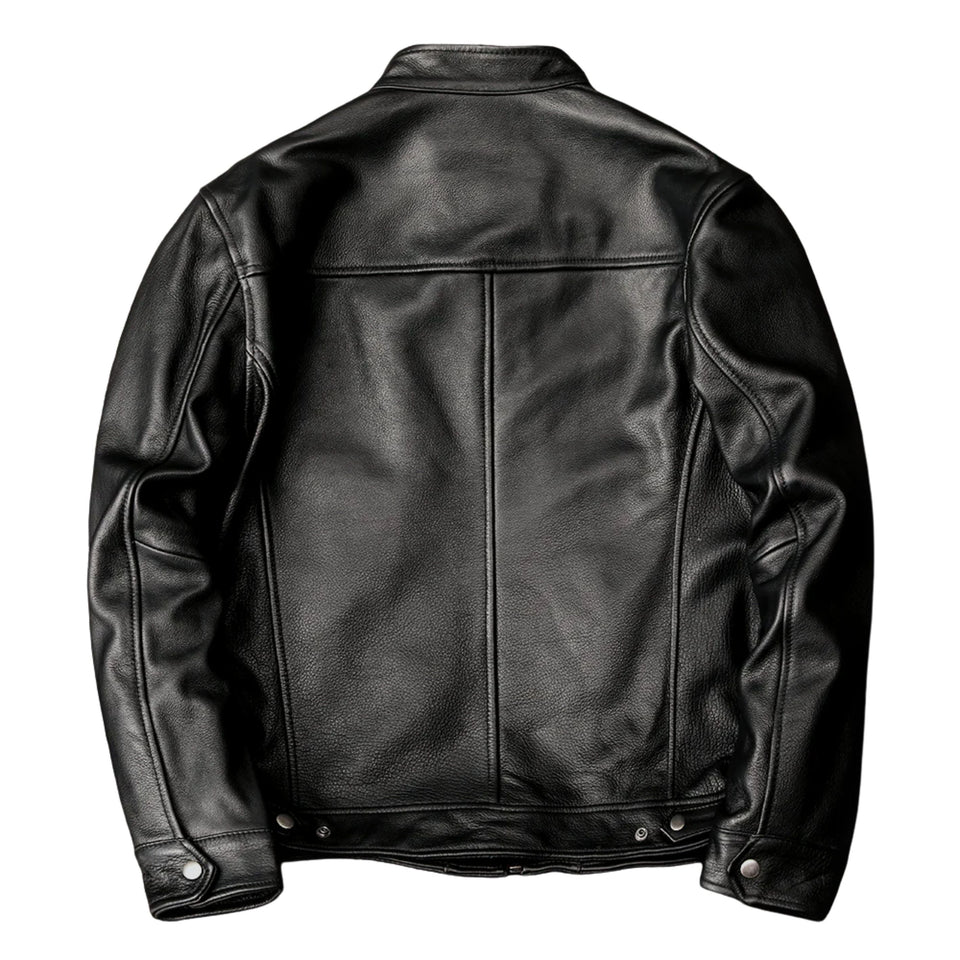 Men's Premium Black Cowhide Leather Cafe Racer Motorcycle Jacket