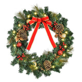 Christmas Wreath Pre-Lit Artificial Greenery Xmas Spruce Wreath Cones Red Berries 20 LED Lights Battery Operated