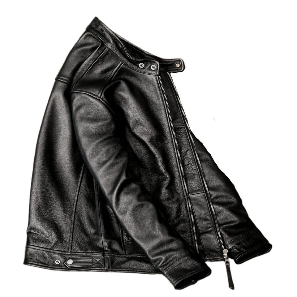 Men's Premium Black Cowhide Leather Cafe Racer Motorcycle Jacket