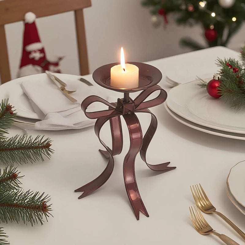 Elegant Metallic Ribbon Bow Candle Holder - Burgundy Table Centerpiece for Christmas, Thanksgiving & Year-Round Holidays