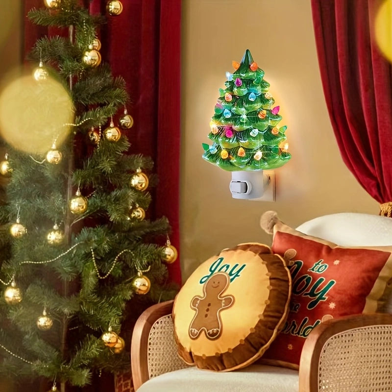 Set of 2 Ceramic Christmas Tree Night Lights - Nostalgic Flashing LED Wall Plug Decor (Green & White)