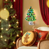 Set of 2 Ceramic Christmas Tree Night Lights - Nostalgic Flashing LED Wall Plug Decor (Green & White)