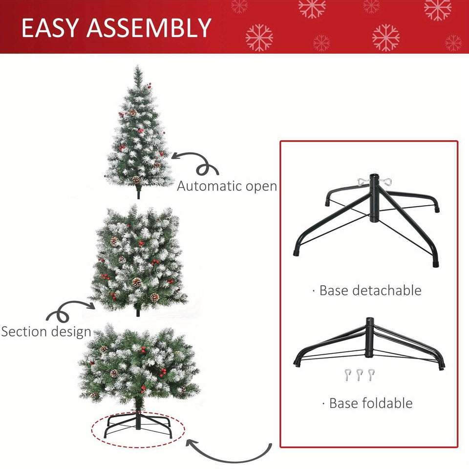 6ft Flocked Pencil Christmas Tree, Slim Artificial Christmas Tree with Red Berries, Pine Cones, 618 Branch Tips and Metal Base, Automatic Open, Green