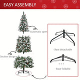 6ft Flocked Pencil Christmas Tree, Slim Artificial Christmas Tree with Red Berries, Pine Cones, 618 Branch Tips and Metal Base, Automatic Open, Green