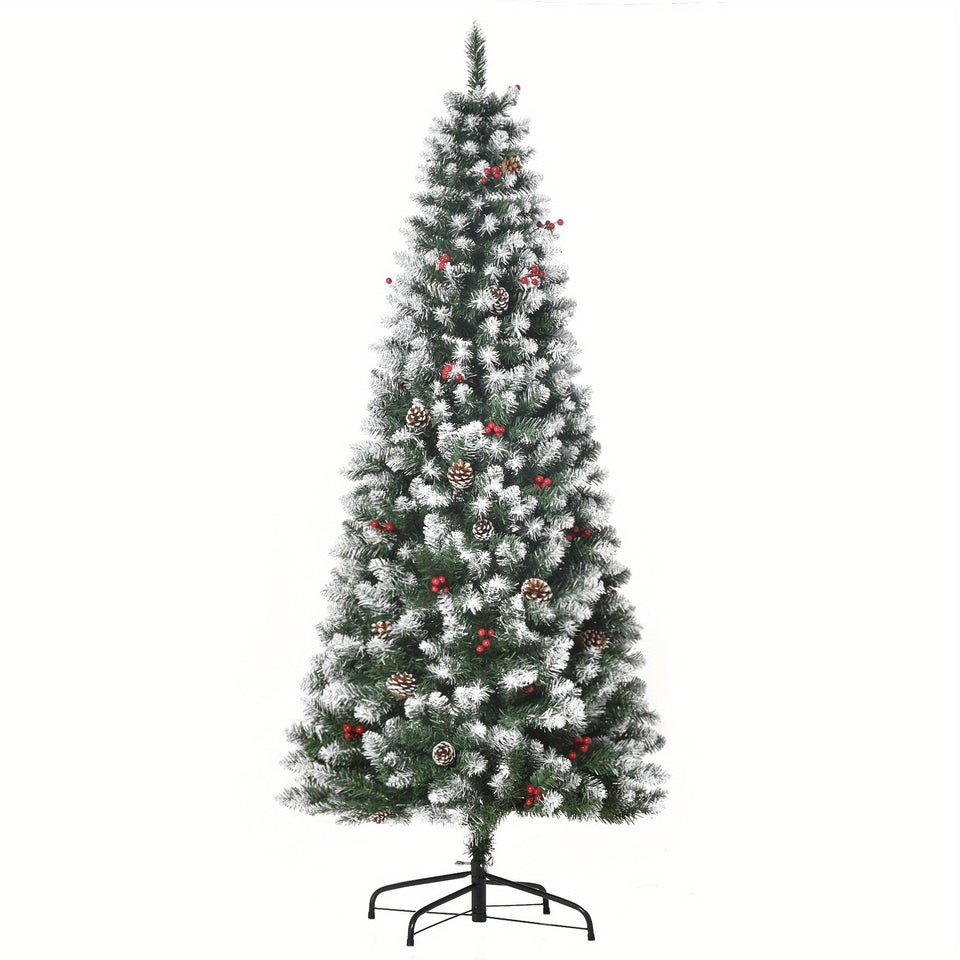 6ft Flocked Pencil Christmas Tree, Slim Artificial Christmas Tree with Red Berries, Pine Cones, 618 Branch Tips and Metal Base, Automatic Open, Green