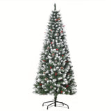6ft Flocked Pencil Christmas Tree, Slim Artificial Christmas Tree with Red Berries, Pine Cones, 618 Branch Tips and Metal Base, Automatic Open, Green