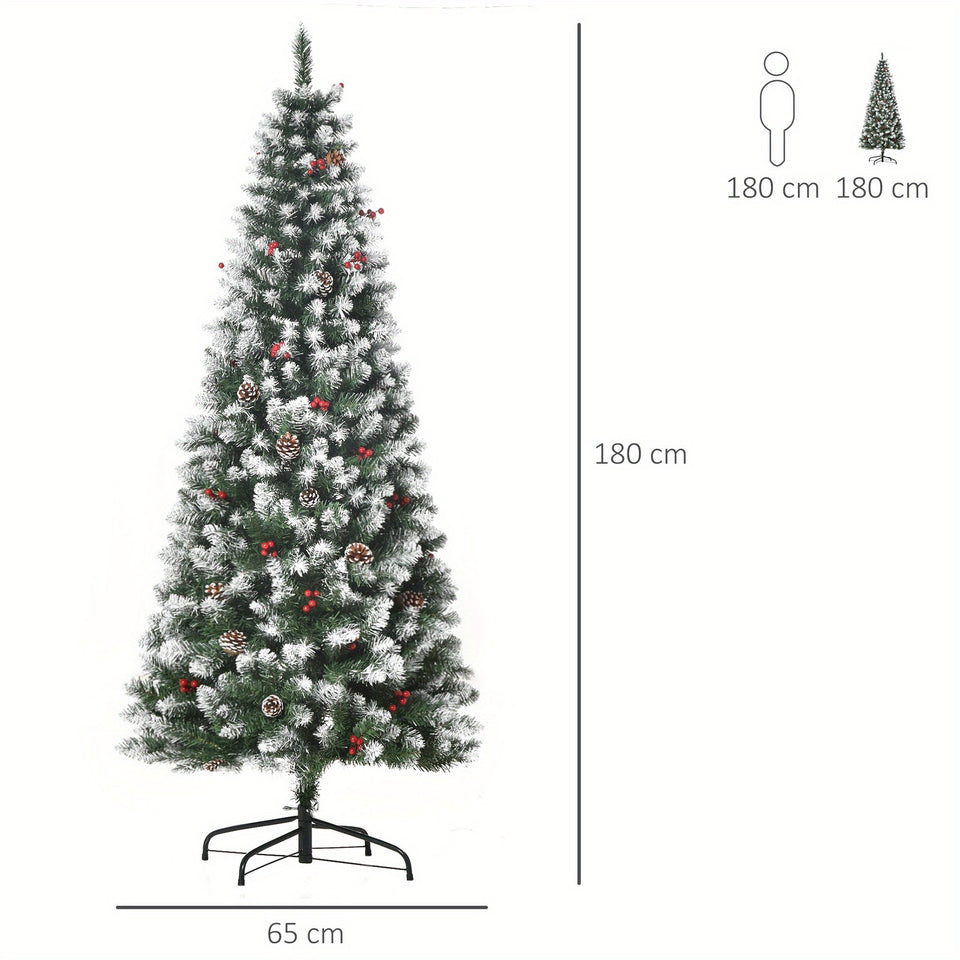 6ft Flocked Pencil Christmas Tree, Slim Artificial Christmas Tree with Red Berries, Pine Cones, 618 Branch Tips and Metal Base, Automatic Open, Green