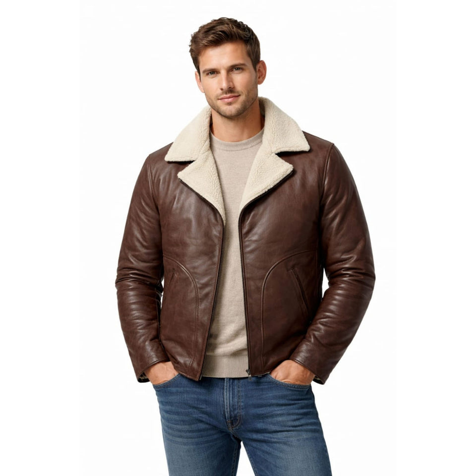Man wearing Noayle Pro brown cowhide leather jacket with shearling collar.