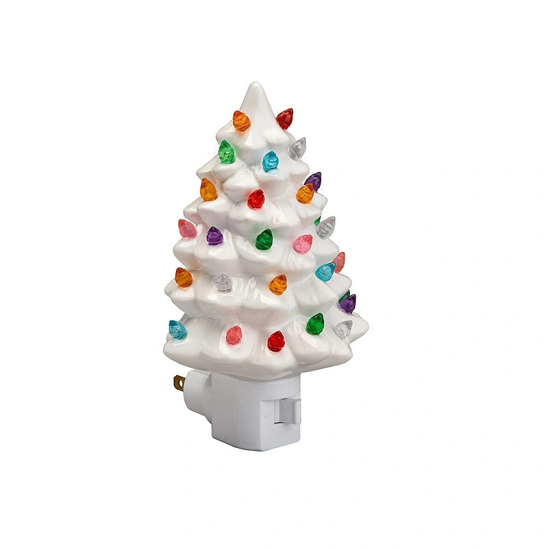 Set of 2 Ceramic Christmas Tree Night Lights - Nostalgic Flashing LED Wall Plug Decor (Green & White)