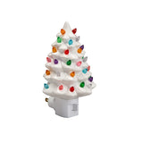 Set of 2 Ceramic Christmas Tree Night Lights - Nostalgic Flashing LED Wall Plug Decor (Green & White)