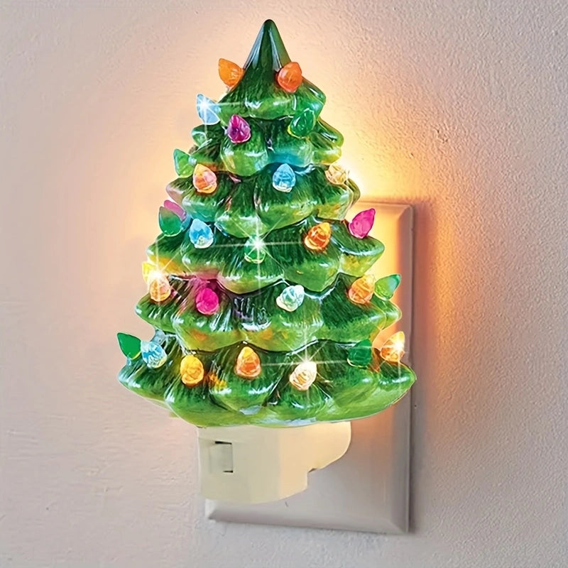 Set of 2 Ceramic Christmas Tree Night Lights - Nostalgic Flashing LED Wall Plug Decor (Green & White)