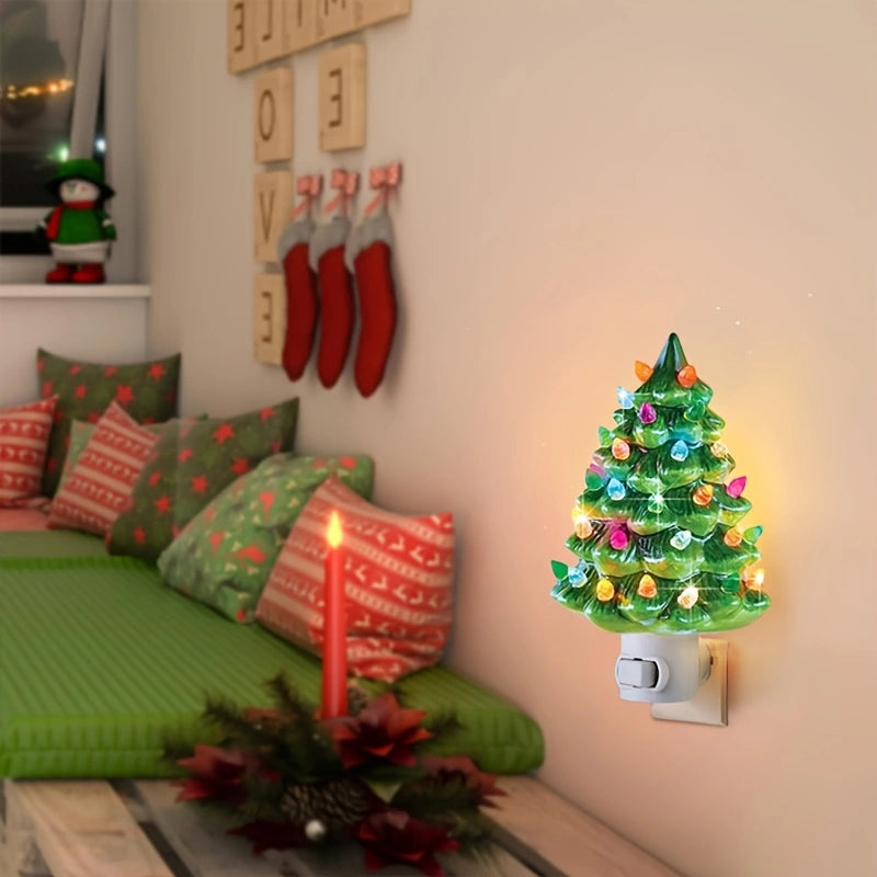 Set of 2 Ceramic Christmas Tree Night Lights - Nostalgic Flashing LED Wall Plug Decor (Green & White)