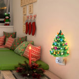Set of 2 Ceramic Christmas Tree Night Lights - Nostalgic Flashing LED Wall Plug Decor (Green & White)