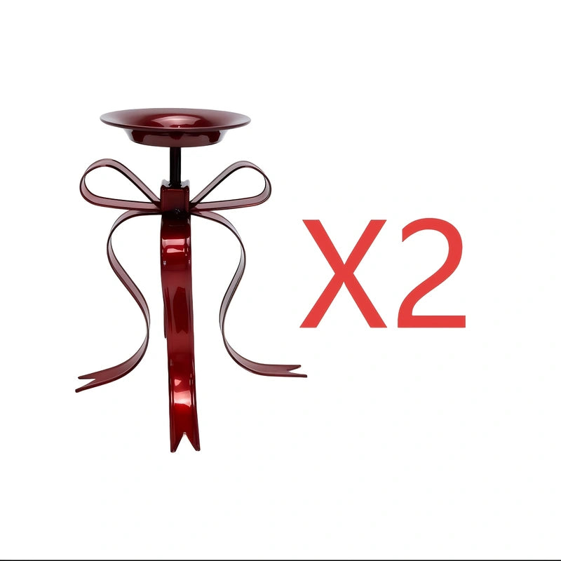 Elegant Metallic Ribbon Bow Candle Holder - Burgundy Table Centerpiece for Christmas, Thanksgiving & Year-Round Holidays