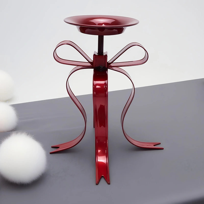 Elegant Metallic Ribbon Bow Candle Holder - Burgundy Table Centerpiece for Christmas, Thanksgiving & Year-Round Holidays