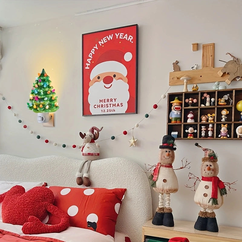 Set of 2 Ceramic Christmas Tree Night Lights - Nostalgic Flashing LED Wall Plug Decor (Green & White)