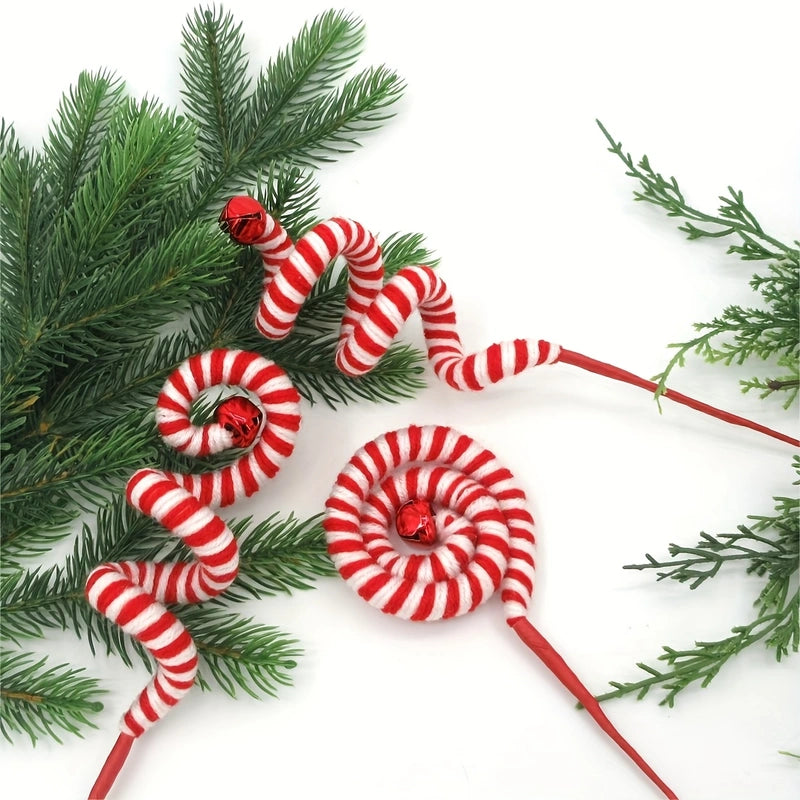 Set of 6 Candy Cane Swirl Christmas Tree Branches (20-inch) - Flexible Red & White Yarn Decor with Bells