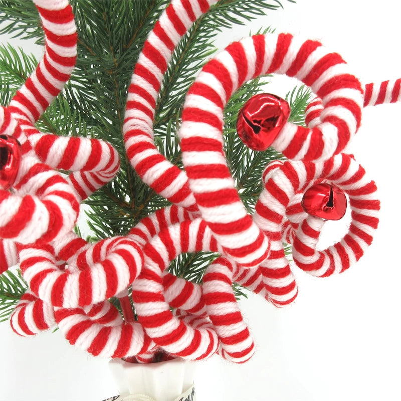 Set of 6 Candy Cane Swirl Christmas Tree Branches (20-inch) - Flexible Red & White Yarn Decor with Bells