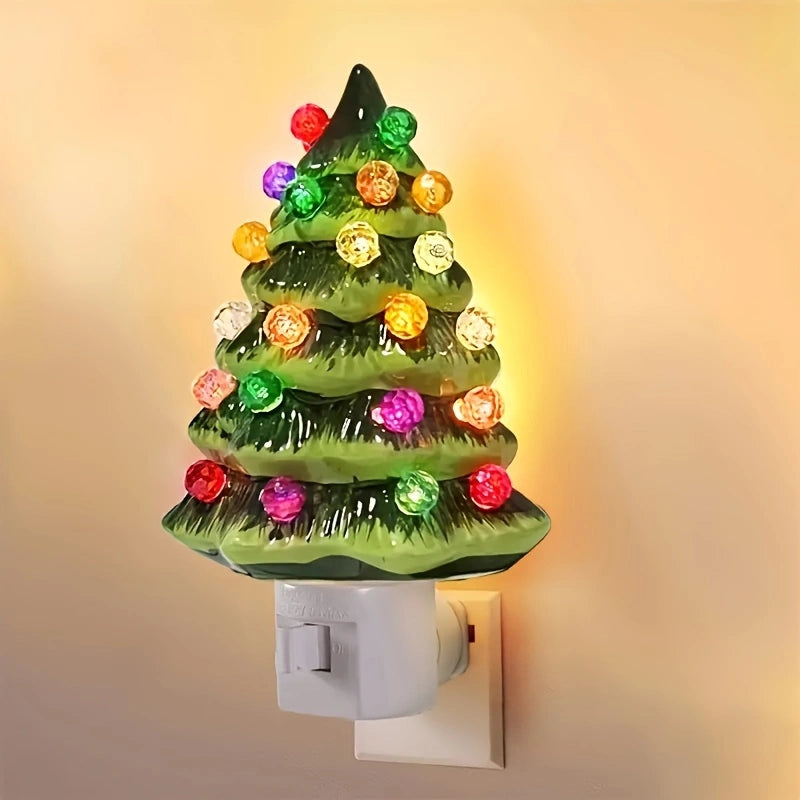 Set of 2 Ceramic Christmas Tree Night Lights - Nostalgic Flashing LED Wall Plug Decor (Green & White)