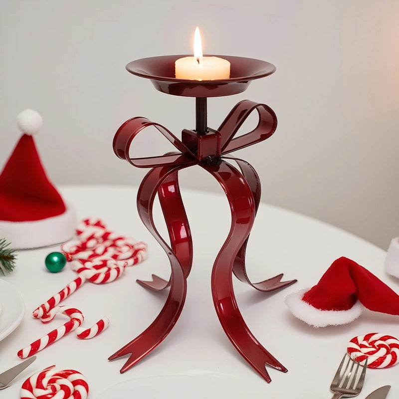 Elegant Metallic Ribbon Bow Candle Holder - Burgundy Table Centerpiece for Christmas, Thanksgiving & Year-Round Holidays
