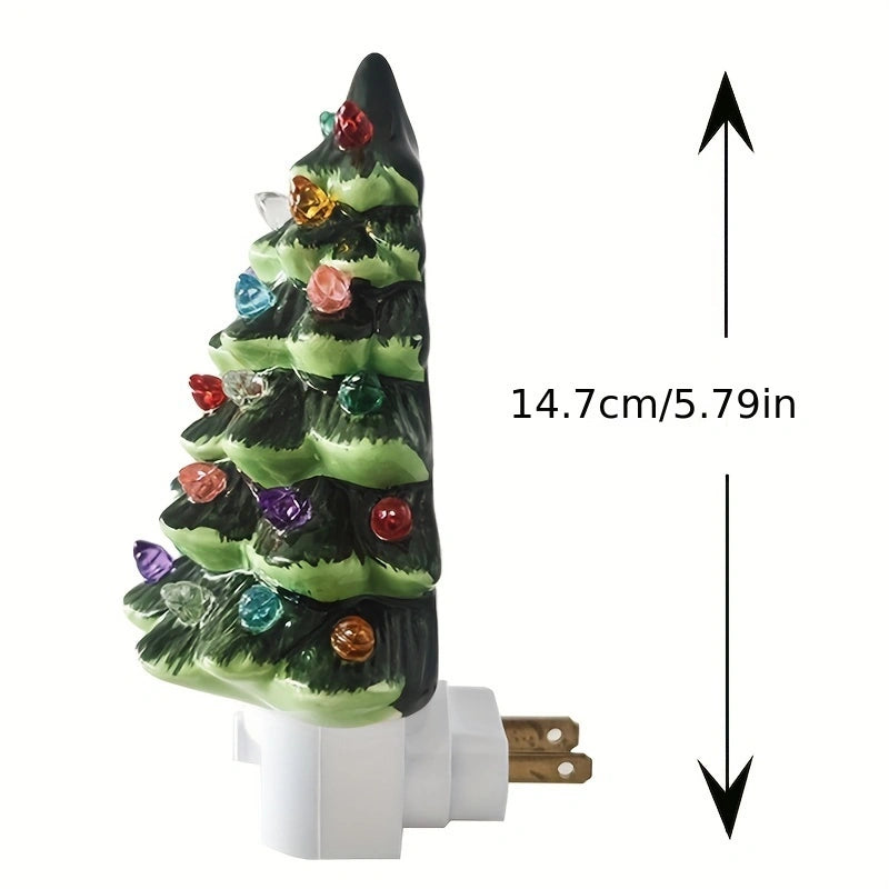 Set of 2 Ceramic Christmas Tree Night Lights - Nostalgic Flashing LED Wall Plug Decor (Green & White)