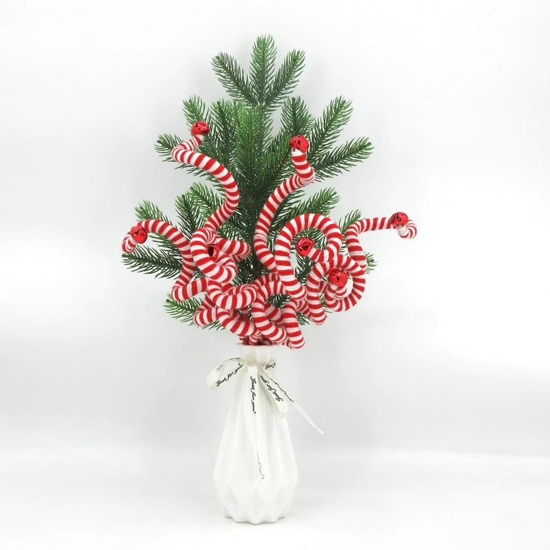 Set of 6 Candy Cane Swirl Christmas Tree Branches (20-inch) - Flexible Red & White Yarn Decor with Bells