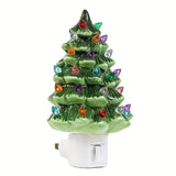 Set of 2 Ceramic Christmas Tree Night Lights - Nostalgic Flashing LED Wall Plug Decor (Green & White)