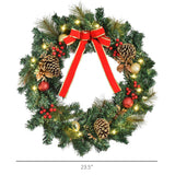 Christmas Wreath Pre-Lit Artificial Greenery Xmas Spruce Wreath Cones Red Berries 20 LED Lights Battery Operated