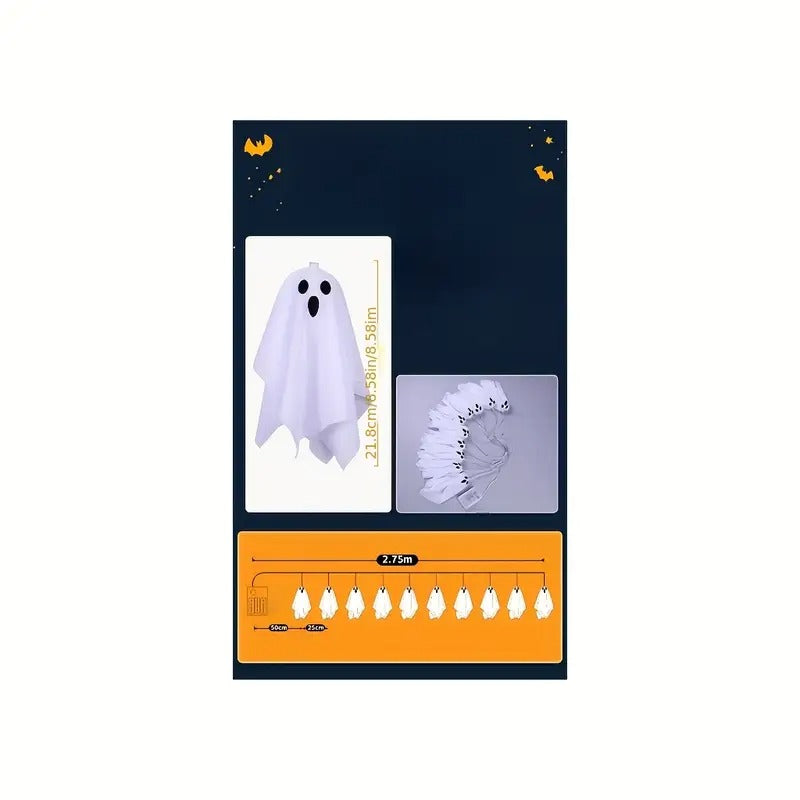 10ft LED Glowing Ghost String Lights - Spooky-Cute Halloween Decor for Indoor & Party Ambiance