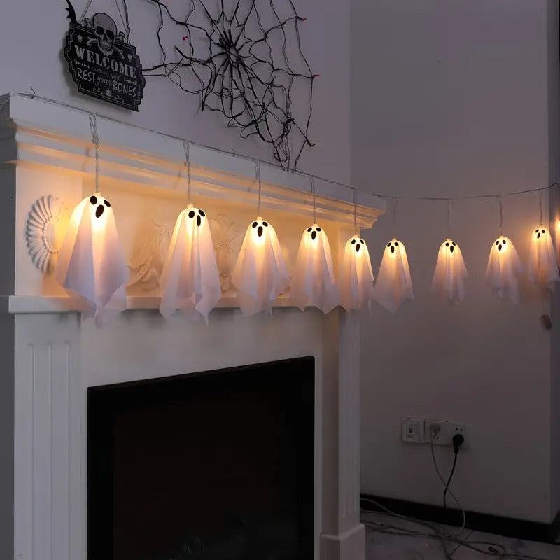 10ft LED Glowing Ghost String Lights - Spooky-Cute Halloween Decor for Indoor & Party Ambiance